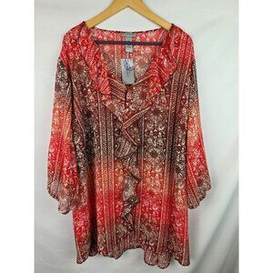 Catherines Women's Top Plus Size 3X Orange Sheer 3/4 Sleeve Ruffle Shirt Blouse